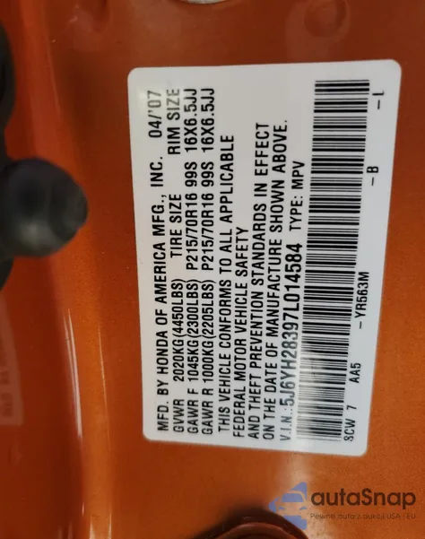 2007 Honda Element Lx from USA, damaged, VIN 5J6YH28397L014584